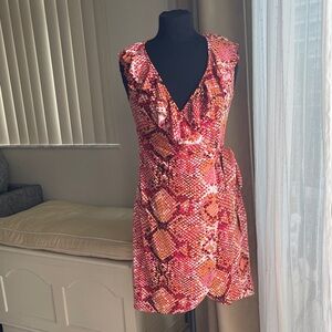 Pink and Orange Snake Print wrap Dress ruffle V neck S